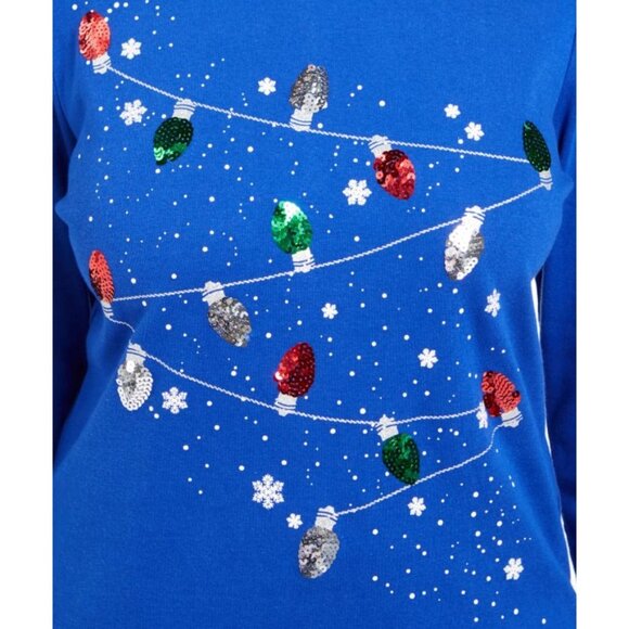 Karen Scott Sequin Shirt Top Women's SMALL Blue Seasonal Lights Long-Sleeve NEW - Picture 7 of 9